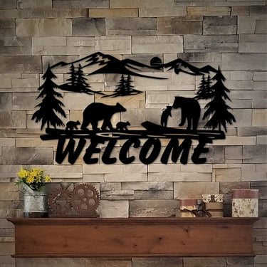 Bear Welcome Sign | Front Door Hanger Bears and Cubs Entryway Decor | Metal Wall Art | Rusic Cabin Decor | Wildlife Art | Lake House Decor
